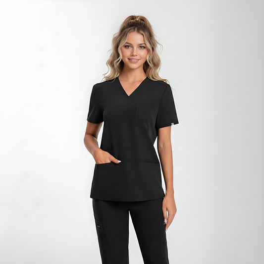 Women's black scrub top by fitix, comfortable, lightweight and easy wash.