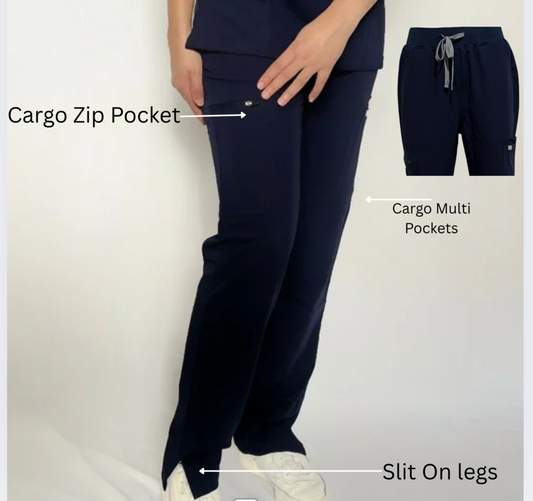 Fitix navy cargo scrub pants with zipper pocket with leg slits on white background