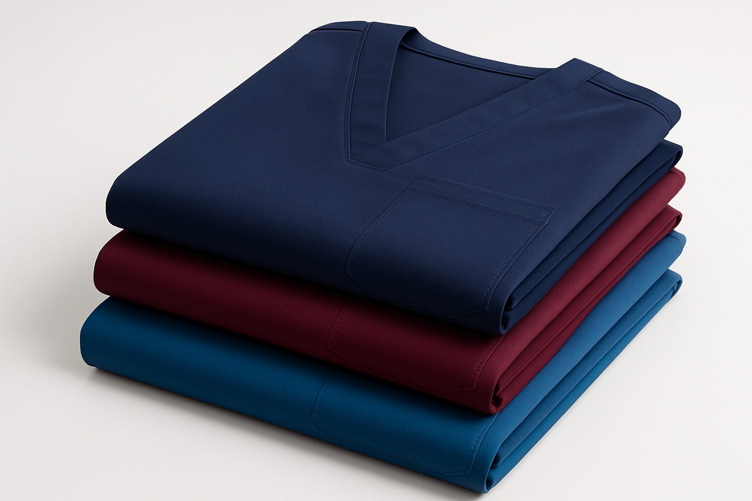 premium quality scrubs stacking one another on three colours navy maroon and caribbean blue, scrubs quality must look premium, top class.