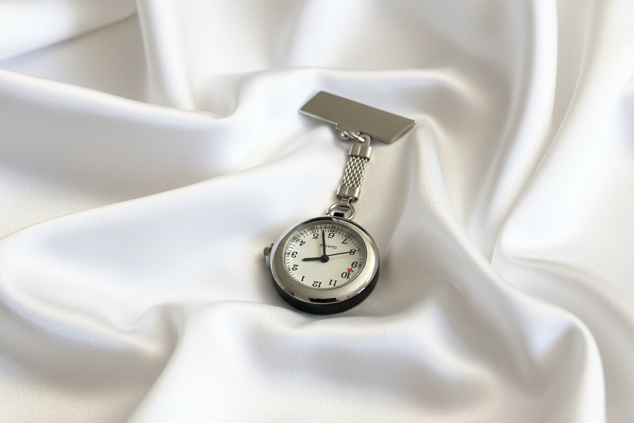 Silver pocket watch with Roman numeral markers on a textured gray background
