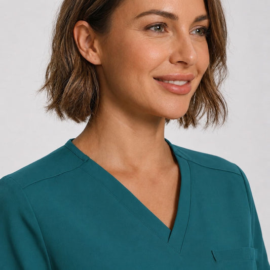 A close-up of a woman wearing a teal V-neck scrub top against a light gray background.