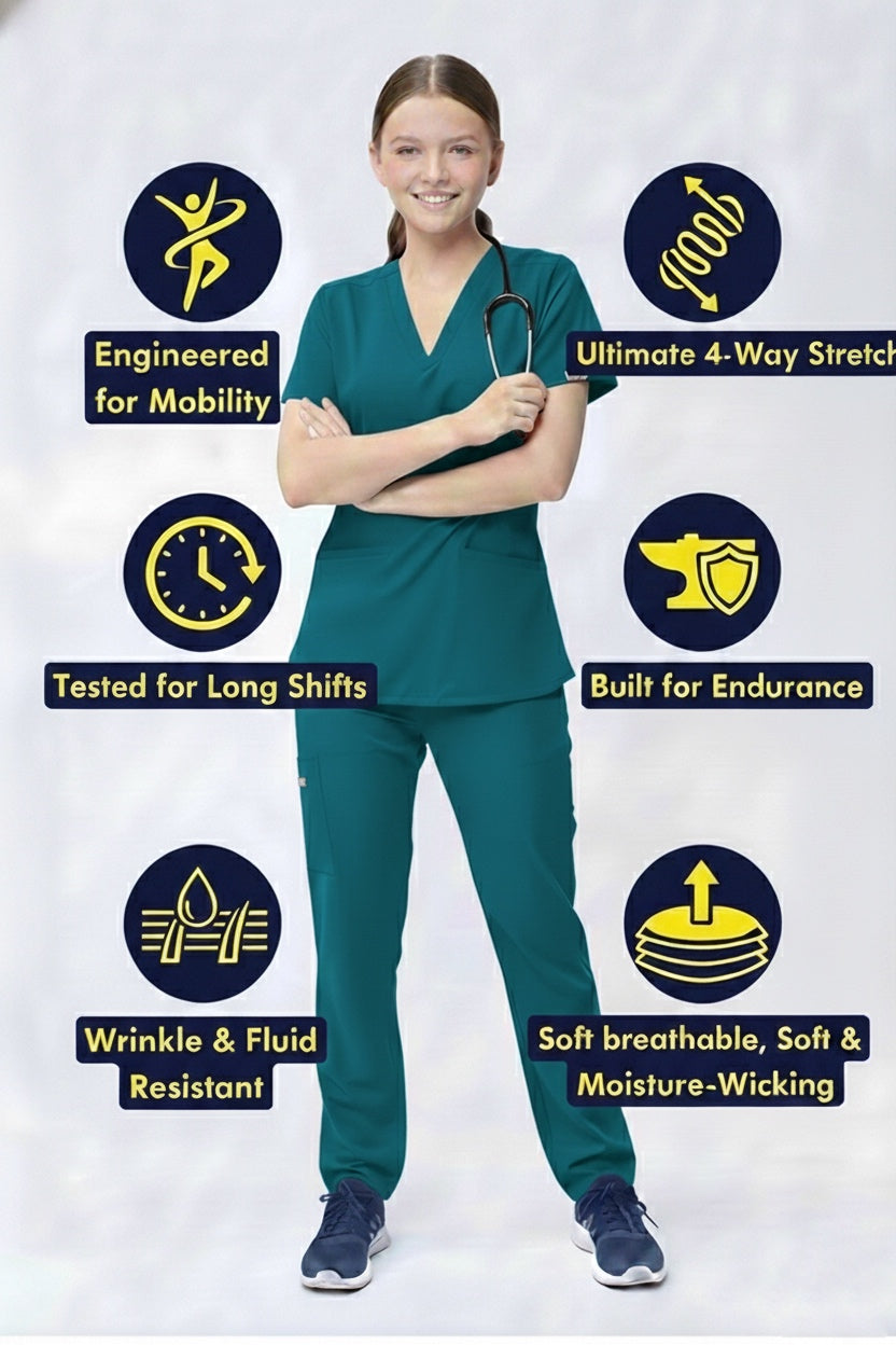 Person wearing teal scrubs with features highlighted on a white background