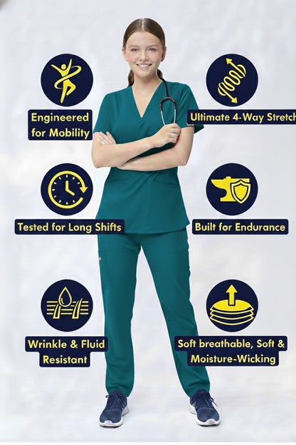 Person wearing teal scrubs with features highlighted on a white background