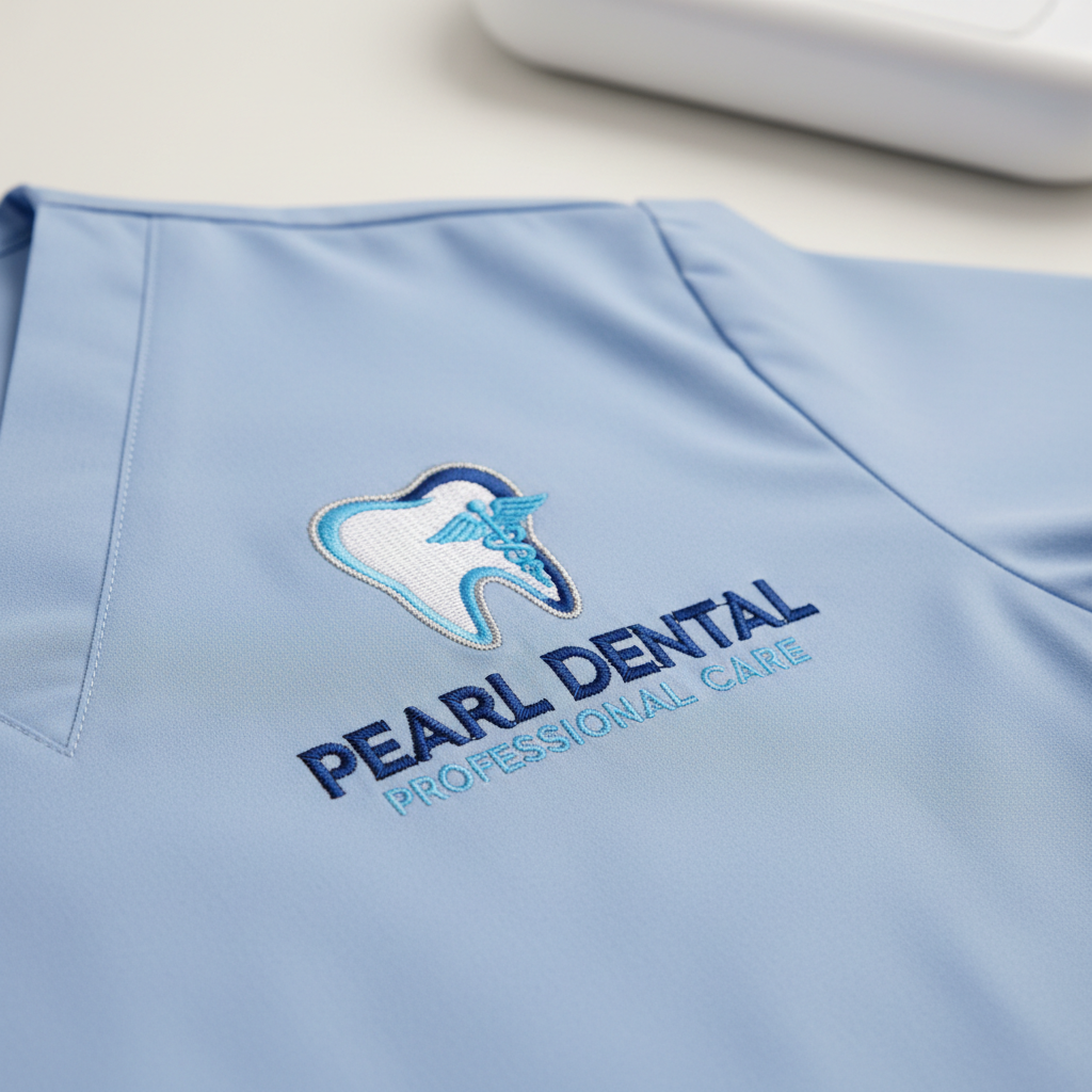 Light blue apron with 'Pearl Dental Professional Care' logo on a white background