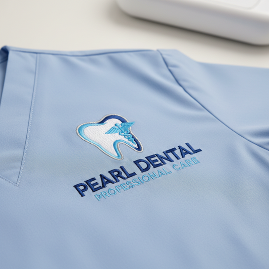Light blue apron with 'Pearl Dental Professional Care' logo on a white background