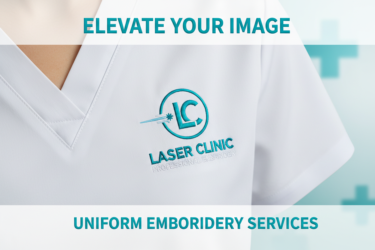 White uniform with Laser Clinic logo on a blurred background