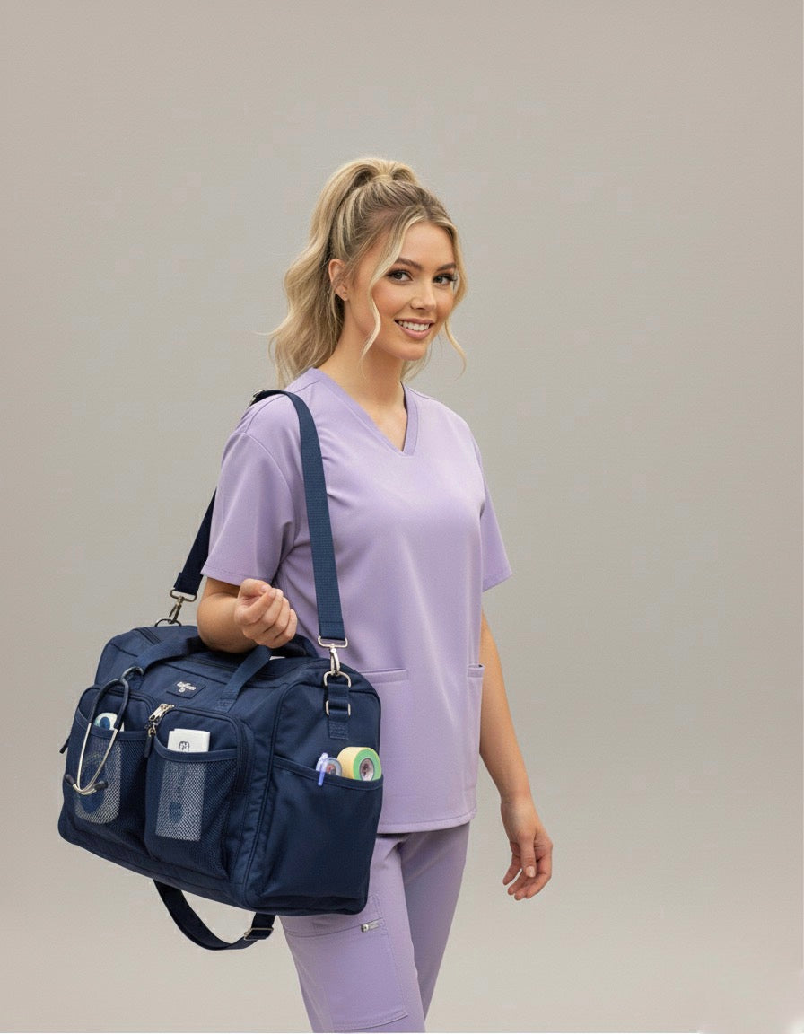 Fitix lavender scrub set with three pocket tops and multi pocket cargo pants
