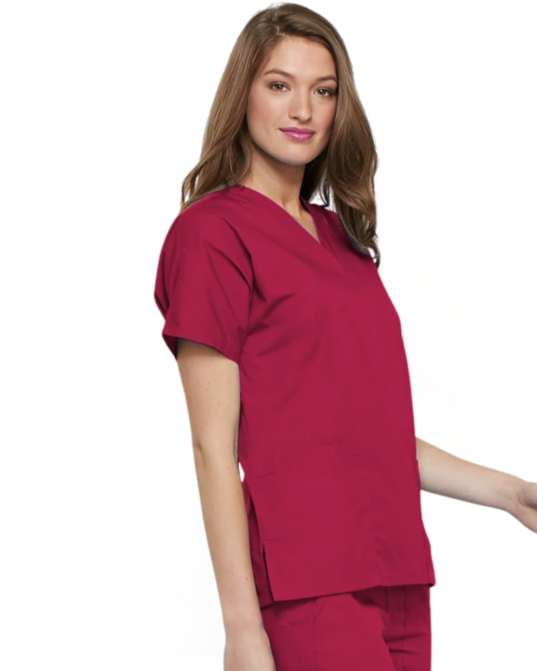V neck, maroon wine red Australian nurse scrubs with side vents and premium fabrics.