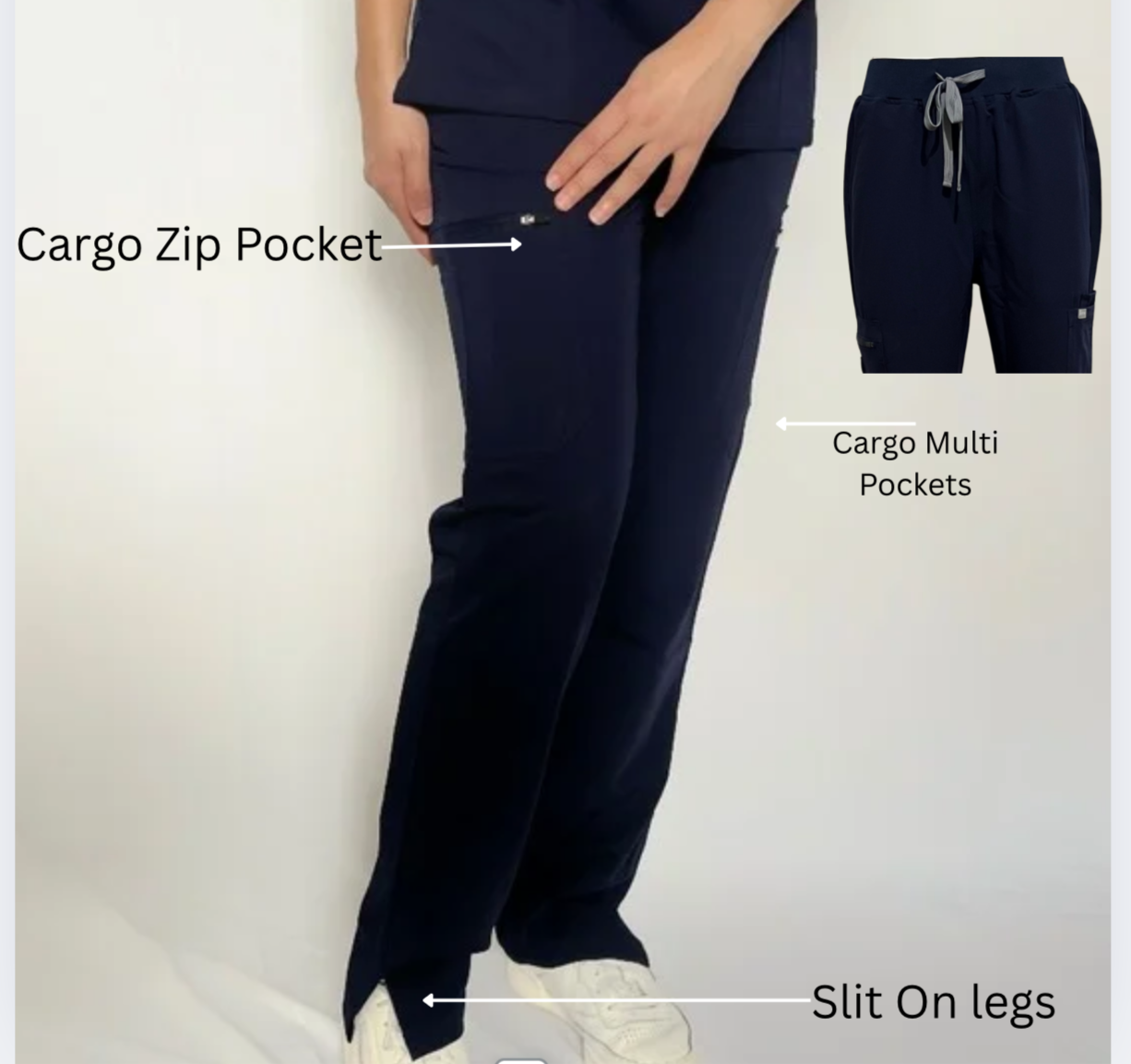Fitix navy cargo scrub pants with zipper pocket with leg slits on white background