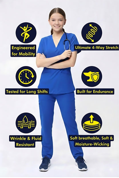 Person wearing blue scrubs with features highlighted on a white background