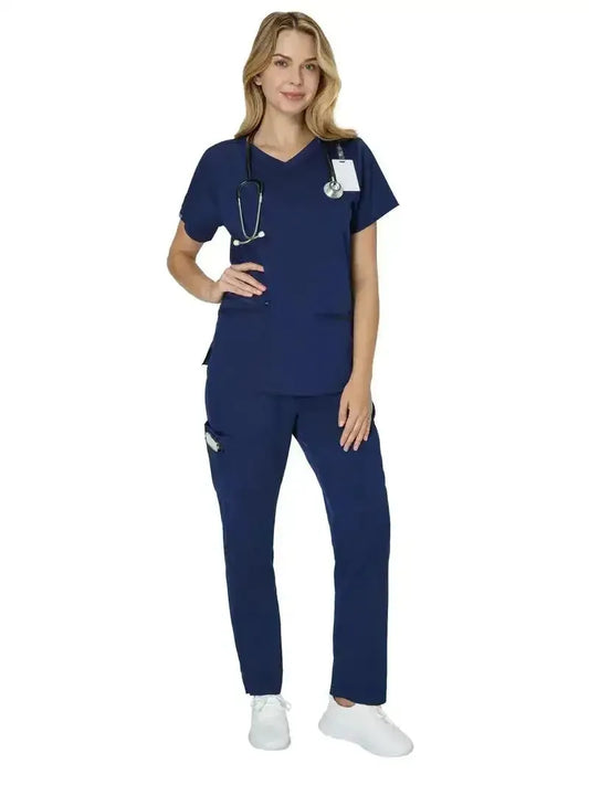 Person wearing a navy blue scrub set with a stethoscope on a white background