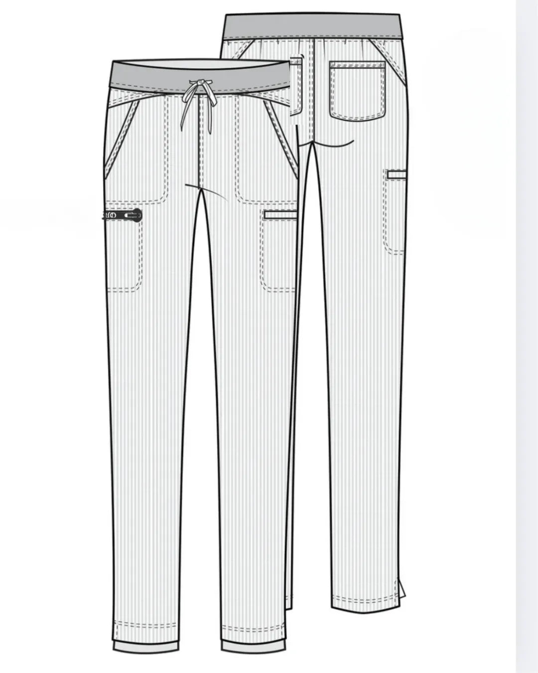 Technical drawing of a pair of pants with details on a white background