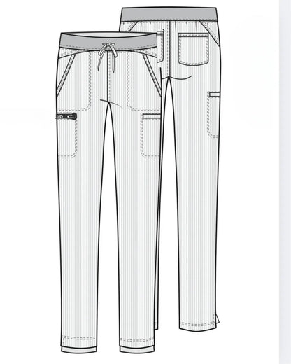 Technical drawing of a pair of pants with details on a white background