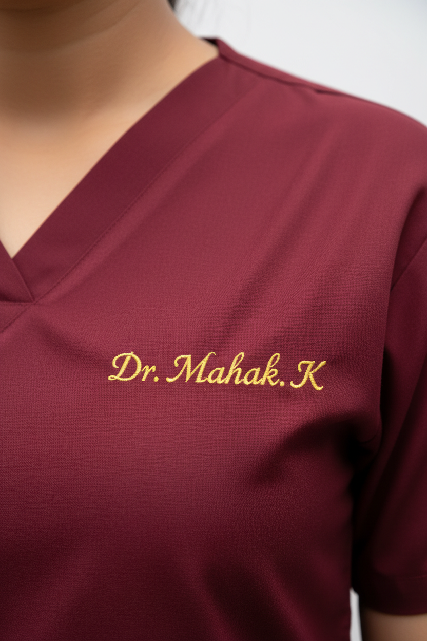 Maroon scrub top with 'Dr. Mahak K' embroidered on it