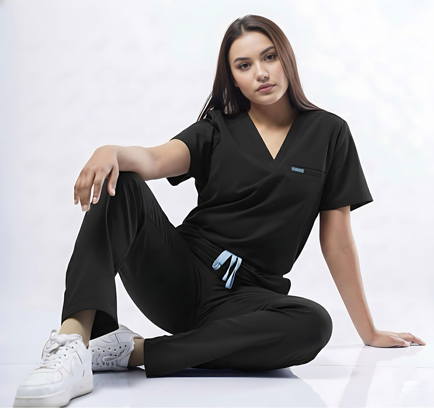 Lightweight, easy care, durable and affordable women's fitix scrub top in black color by fitix uniforms Australia