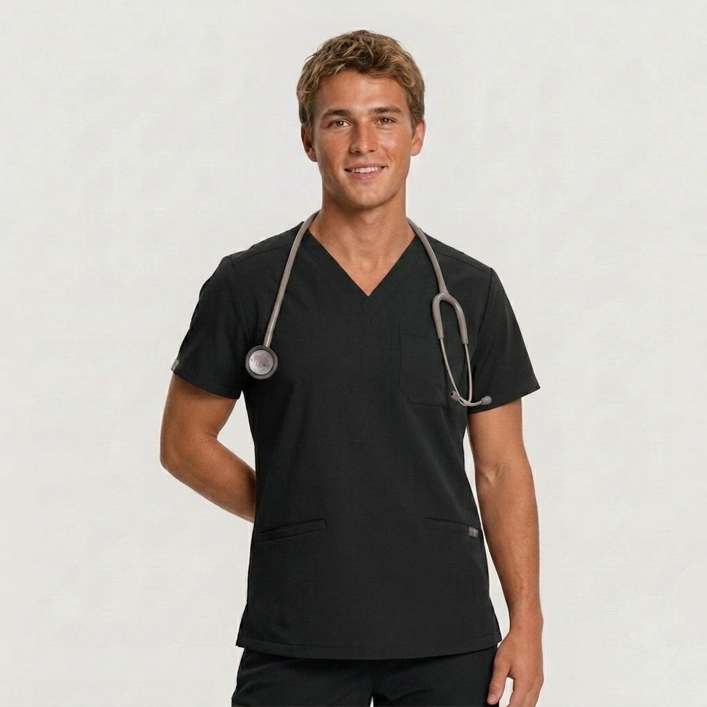 Person wearing a black scrub top with a stethoscope around their neck on a plain background