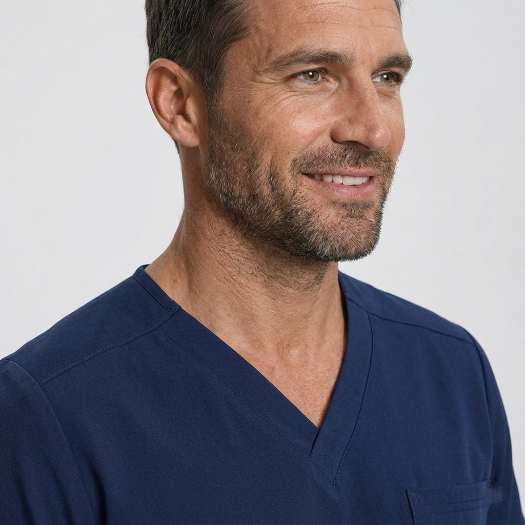 Man wearing a navy blue scrub top against a plain background