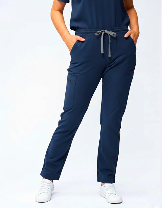Navy blue jogger pants with a gray drawstring on a white background