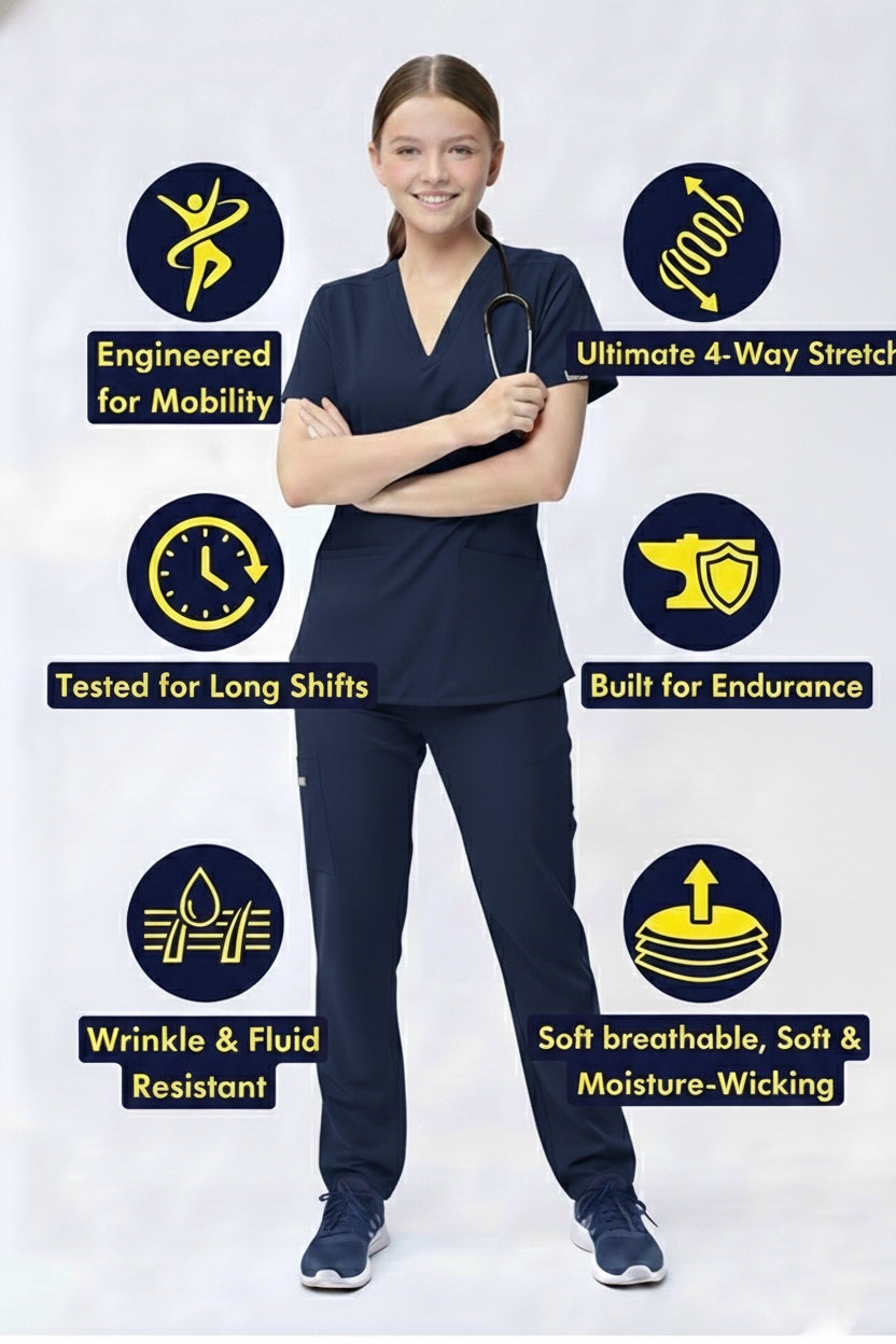 Person wearing navy blue scrubs with features highlighted on a white background