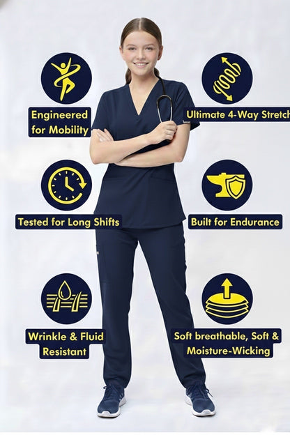 Person wearing navy blue scrubs with features highlighted on a white background
