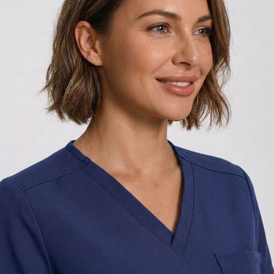 A close-up of a woman wearing a navy blue V-neck scrub top against a light gray background.