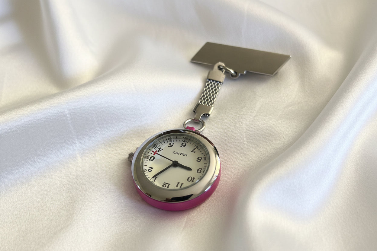 Fob watch with pink casing on a textured gray background