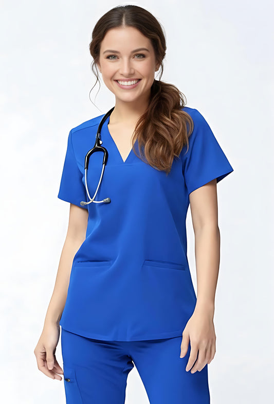 Woman wearing a blue scrub set with a stethoscope on a white background