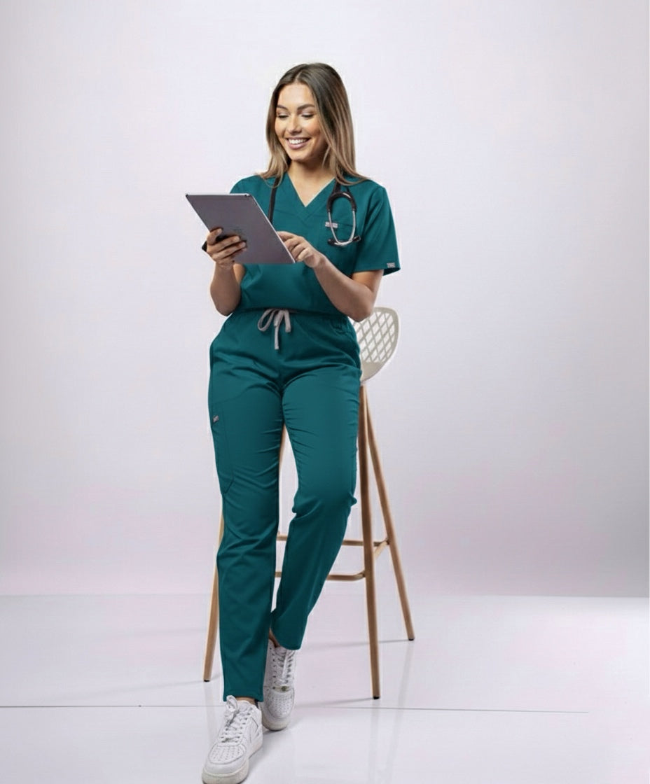 Person wearing teal medical scrubs holding a tablet on a white background
